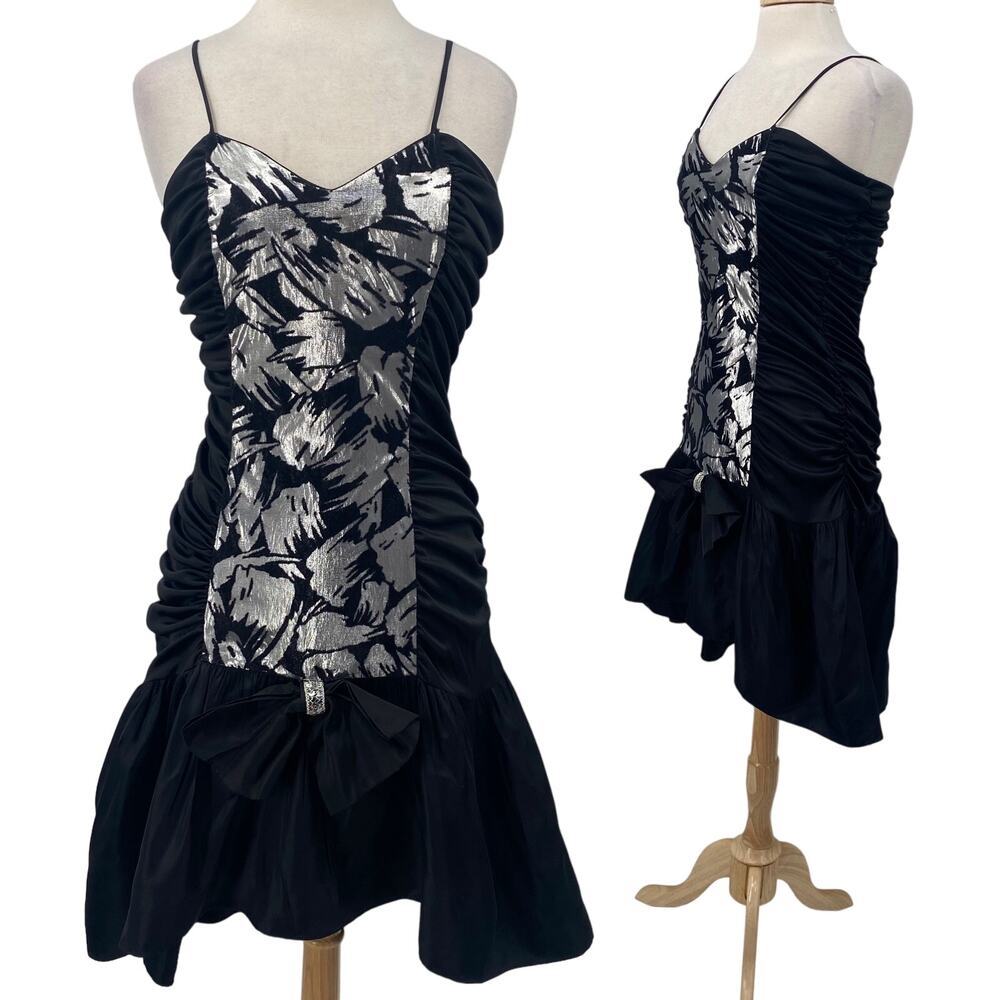 Vintage 80s Hi Low Mermaid Midi Dress Cocktail Bow Ruffle Hem Black Silver 6